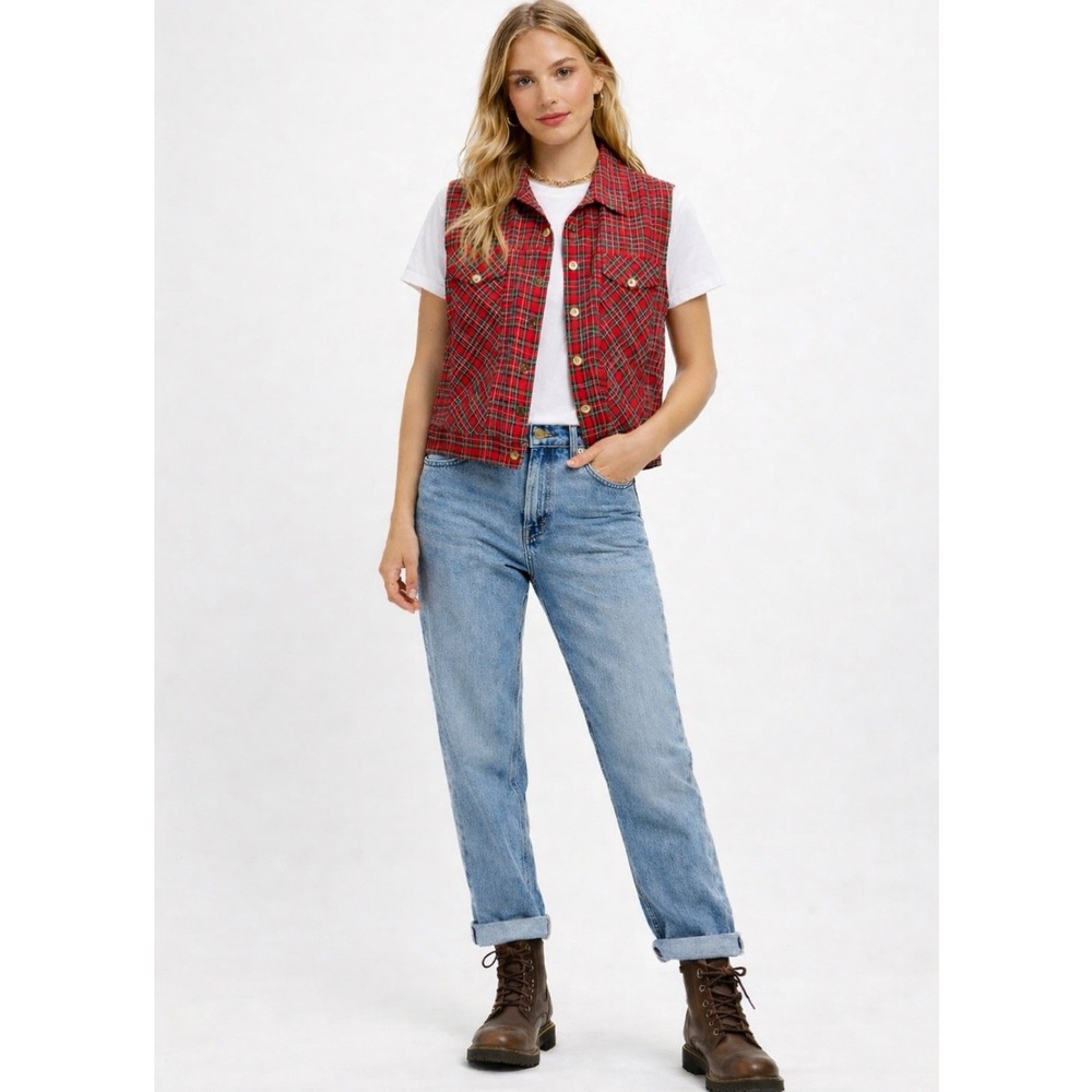 Vtg Bedford Fair Plaid Patchwork Vest Women Sz L Red 90s Grunge Sleeveless Shirt